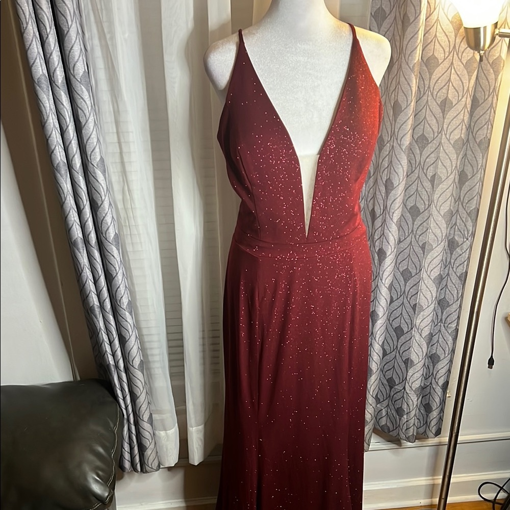 Mon Cheri Deep Red Backless Gown with Glitter